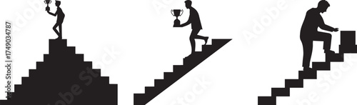 Silhouette of business people climbing stairs holding a trophy, symbolizing success, achievement, growth, and ambition — concept of leadership, motivation, and progress toward professional goals