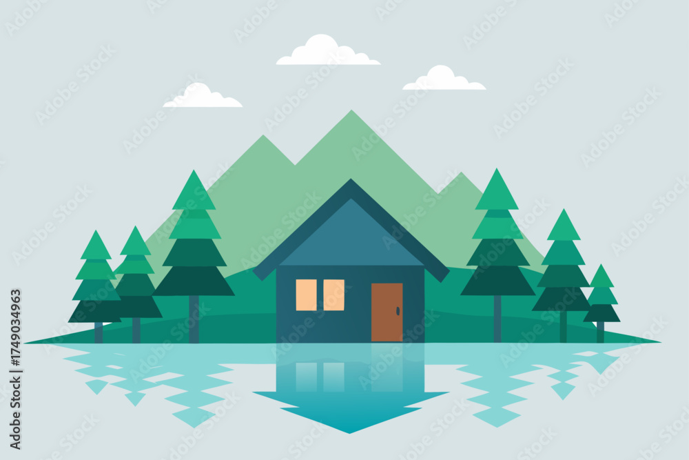 Obraz premium Lakeside Cabin with Forest Scenery Landscape Vector