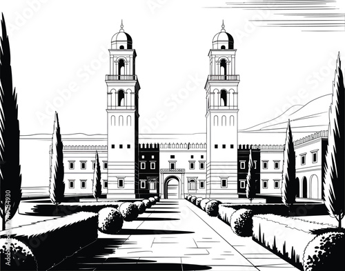 Architectural sketch of a grand building with twin towers and formal gardens
