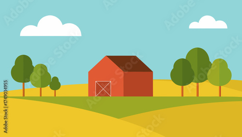 Hay Fields and Barn in Rural Countryside Illustration