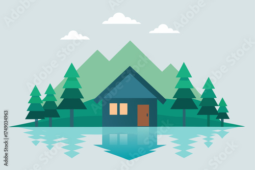 Lakeside Cabin with Forest Scenery Landscape Vector