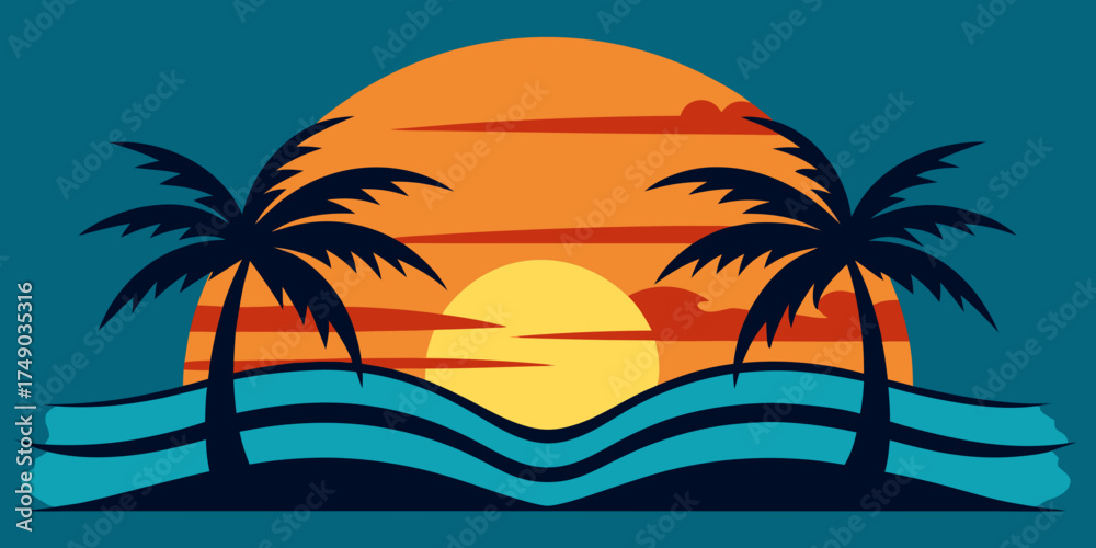 Obraz premium Tropical Sunset over Ocean Waves Collage Illustration