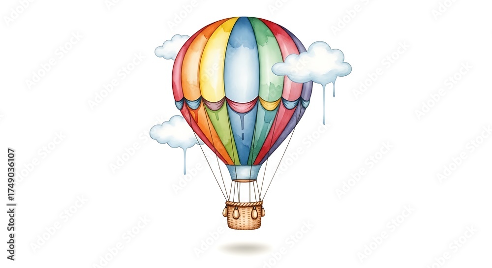 Obraz premium Watercolor Hot Air Balloon with Clouds - A Whimsical Journey.