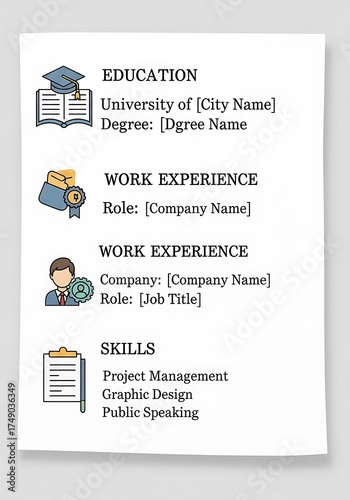 Resume Template with Education, Work Experience, and Skills Sections.