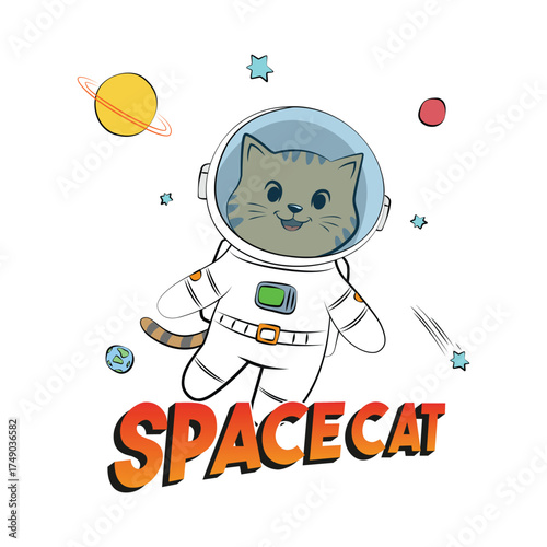 Cute happy cat dressed as an astronaut in space. Vector illustration