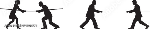Silhouette of men and women playing tug of war, symbolizing teamwork, competition, gender equality, struggle, and cooperation on white background — concept of business challenge and balance