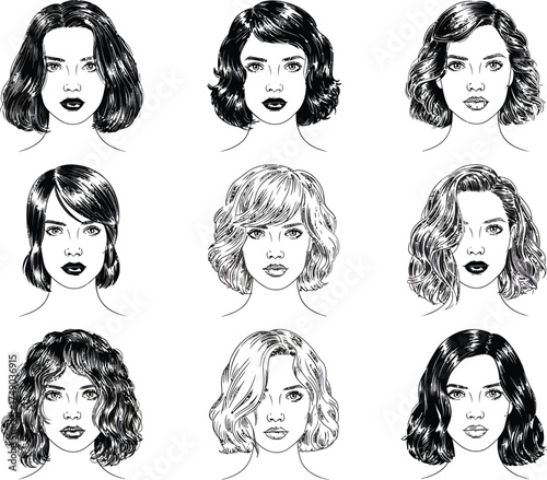 Collection of nine black and white hand drawn portraits of women s faces