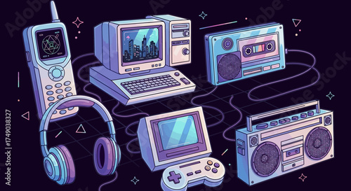 Retro Technology A Nostalgic Illustration of Vintage Electronics, from the 80s and 90s