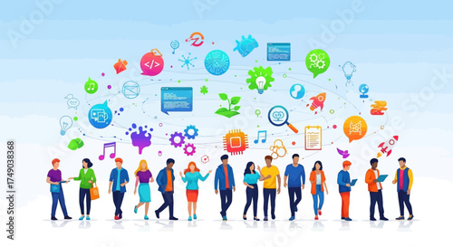 Diverse Group of People and Creative Icons Symbolizing Collaboration, Innovation, and Technology