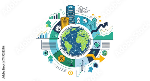 Global economic growth and financial market trends visualized with data analytics and technological advancements