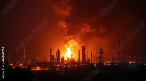 An oil plant explosion at night due to drone attack. War. Oil refinery is under shelling. Environmental disaster