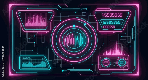 Futuristic digital interface with glowing pink and blue data visualization, displaying sound waves, graphs, and numerical information on a dark screen, perfect for technology and science themes
