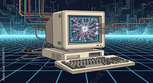 A retro-futuristic illustration of a vintage computer system processing complex information through a glowing artificial intelligence network on a digital grid