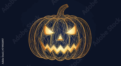Spooky Glowing Jack-o'-Lantern Halloween Illustration with a Dark Background and Fierce Expression