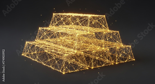 Gold Digital Connection Action with Networked Blocks Abstract Technology Illustration in Dark Environment Top View Concept