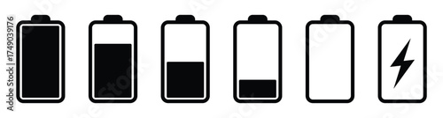 Battery icon set. Simple battery level and charging symbol collection. Transparent vector and PNG