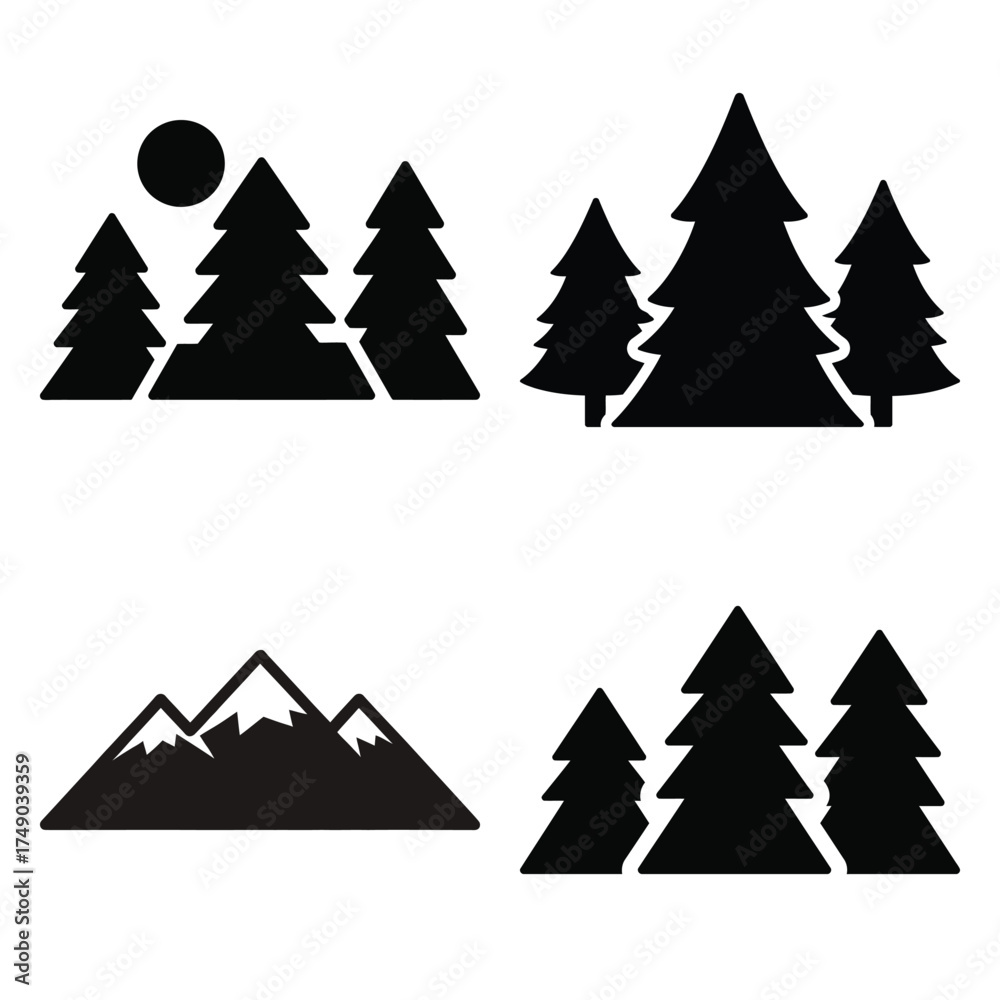 Obraz premium forest mountain minimal icon set, black color and white background