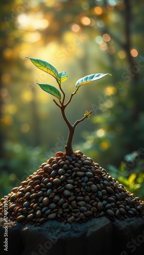 Young Plant Growing from Coffee Beans in Sunlit Forest