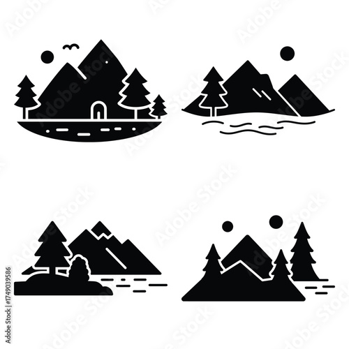 hidden lake minimal icon set, black color and white background