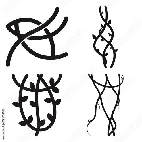jungle vines minimal icon set, black color and white background