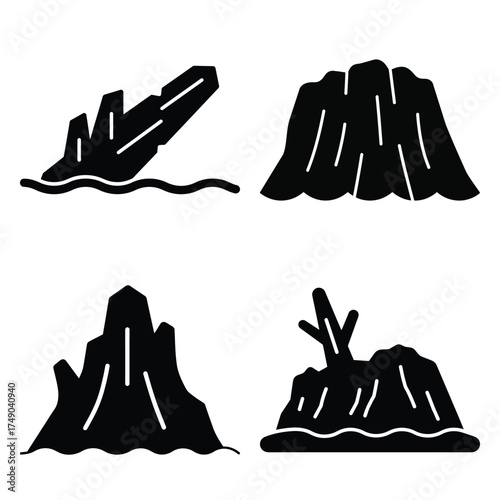 seashore shell minimal icon set, black color and white background