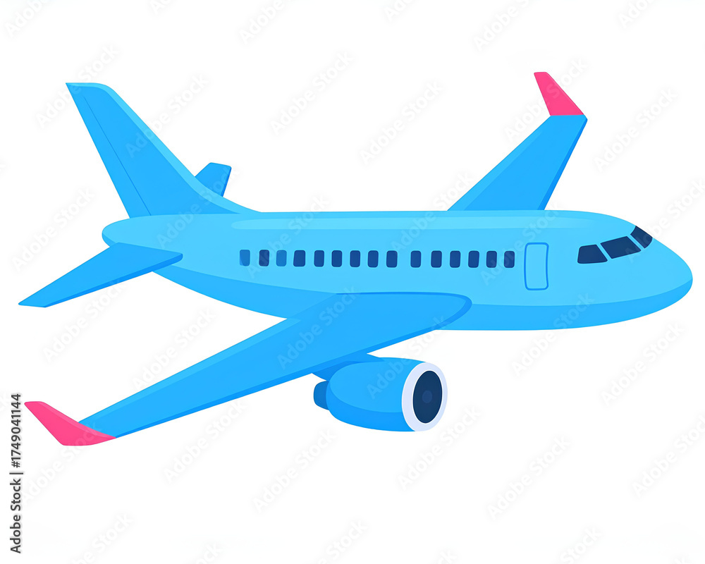 Fototapeta premium Airplane light blue color with pink tips. Plane in cartoon design. Passenger plane 