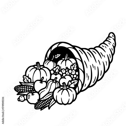 Cornucopia horn filled with harvest fruits