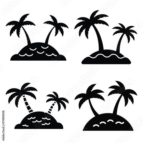 tropical island minimal icon set, black color and white background