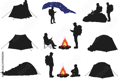 Camping silhouettes, outdoor adventure icons, tent and campfire scenes, hiking and stargazing moments, cad drawing flat vector illustration, black silhouette art