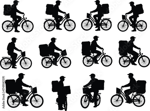 Delivery rider silhouettes, bicycle courier icons, urban logistics vector, food transport scenes, cad drawing flat vector illustration, black silhouette artwork