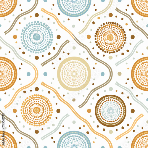 A seamless Indigenous Australian waterhole pattern with flowing dotted rivers and circular motifs. Perfect for textiles, educational projects, and home decor.