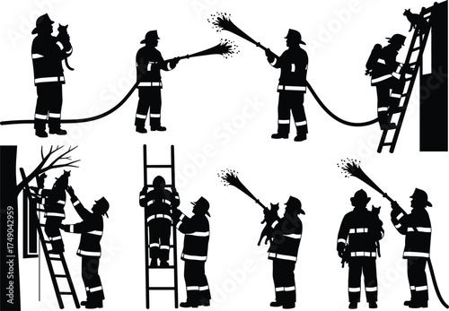Firefighter rescue, cat saving, ladder climbing, water spraying, child assistance, cad drawing flat vector illustration, black and white emergency scene, brave heroes