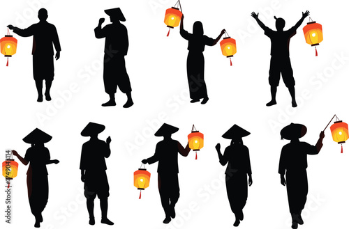 Lantern festival silhouettes, traditional attire icons, cultural celebration vector, glowing red lanterns, cad drawing flat vector illustration, black silhouette art