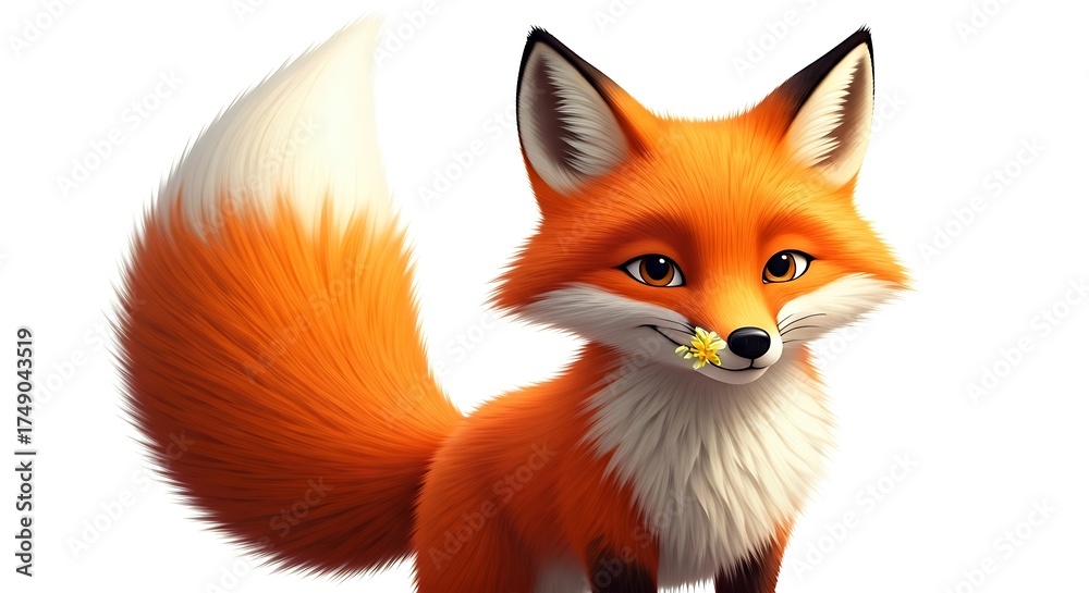 Fototapeta premium Adorable fox with a flower brings a touch of whimsical nature to any project, perfect for children's books, nature blogs, and greeting cards
