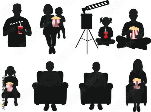 Movie watching, popcorn snack, seated silhouettes, family entertainment, cinema moment, cad drawing flat vector illustration, black and white leisure scene, film experience