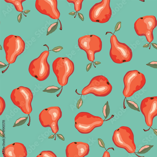 Seamless pattern with pear on color background. Natural delicious fresh ripe tasty fruit. Sweet pears with leaves. Food concept. Vector illustration for print, fabric, textile.