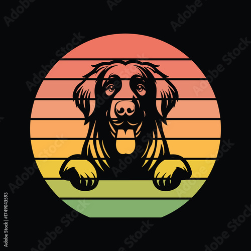 Flat coated Retriever Dog Peeking Sunset Vintage Retro Dog Lover