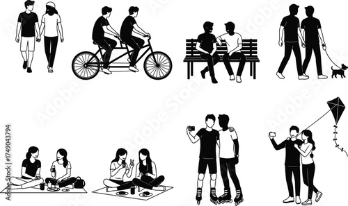 Outdoor activities, leisure time, people together, walking, biking, picnic, rollerblading, kite flying, dog walking, bench sitting, cad drawing flat vector illustration
