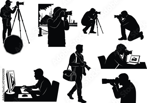 Photography activity, camera tripod, photo editing, travel photographer, architectural backdrop, cad drawing flat vector illustration, black and white creative scene