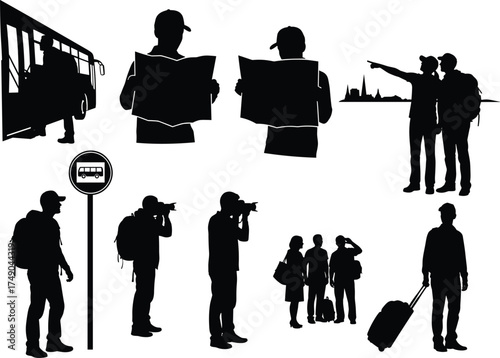 Travel activities, bus boarding, sightseeing, map reading, photography, suitcase rolling, cad drawing flat vector illustration, black and white tourism concept, adventure icons