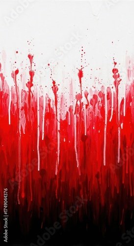 Abstract painting featuring dripping red paint on a white background, transitioning to black at the bottom.
