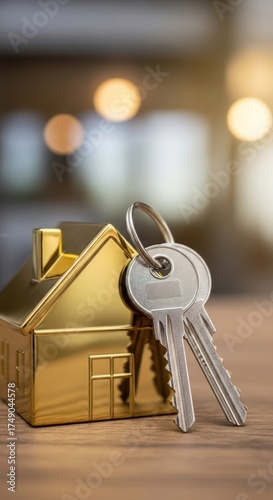 Golden house miniature with keys resting on a wooden surface, representing home ownership.