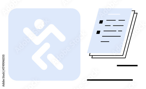 Abstract dynamic figure in motion next to neatly arranged documents. Ideal for productivity, organization, activity tracking, documentation, task management, efficiency, workflow. Simple flat