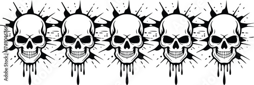 Row of five skulls with spiky explosions and dripping paint