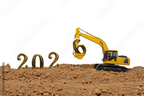 Concept happy new year 2026,crawler excavator  with lift up bucket the number six .on white backgrounds