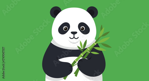 Cartoon Panda Holding Bamboo Shoots on Green Background.