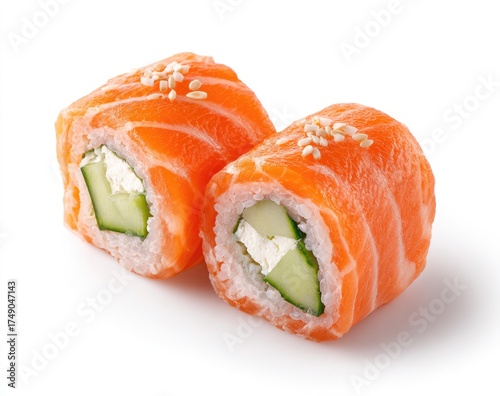 Two salmon sushi rolls, sliced, against white