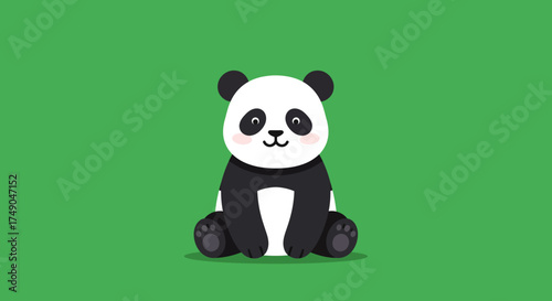 Cute Cartoon Panda Bear Sitting on Green Background.