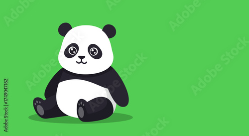 Cute Cartoon Panda Bear Sitting on Green Background.