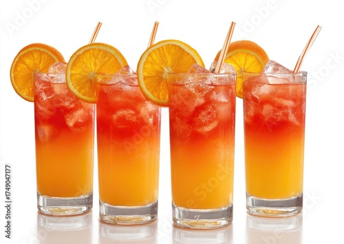 Four vibrant cocktails, layered orange and red, garnished with orange slices and straws, resting on a white background